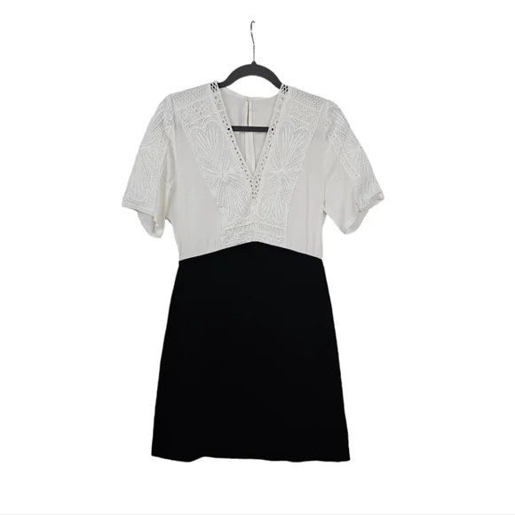 Maje Ravelle Lace-Inset Ceep V Neck Colorblock Mini Dress Ptp 17" Sz 3 UK / L US - Picture 10 of 16